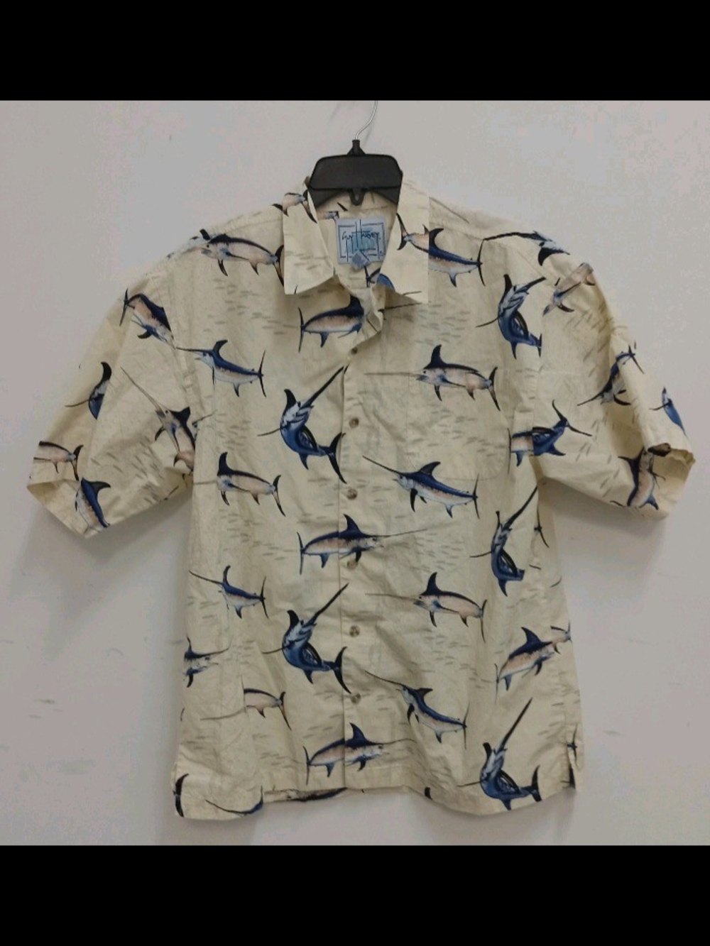 Guy Harvey Cream and Blue Marlin Print Short-Sleeve Button-Down Shirt